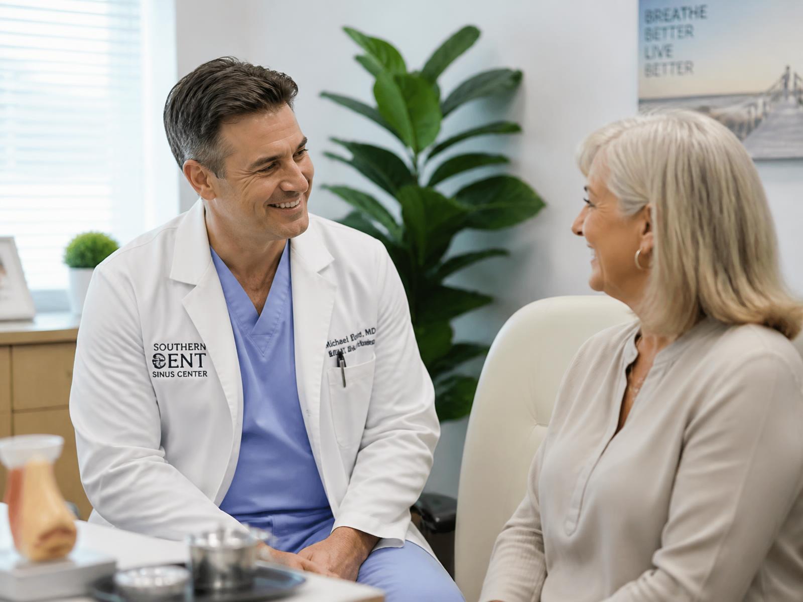A North Dallas ENT physician talking with a patient in a bright exam room